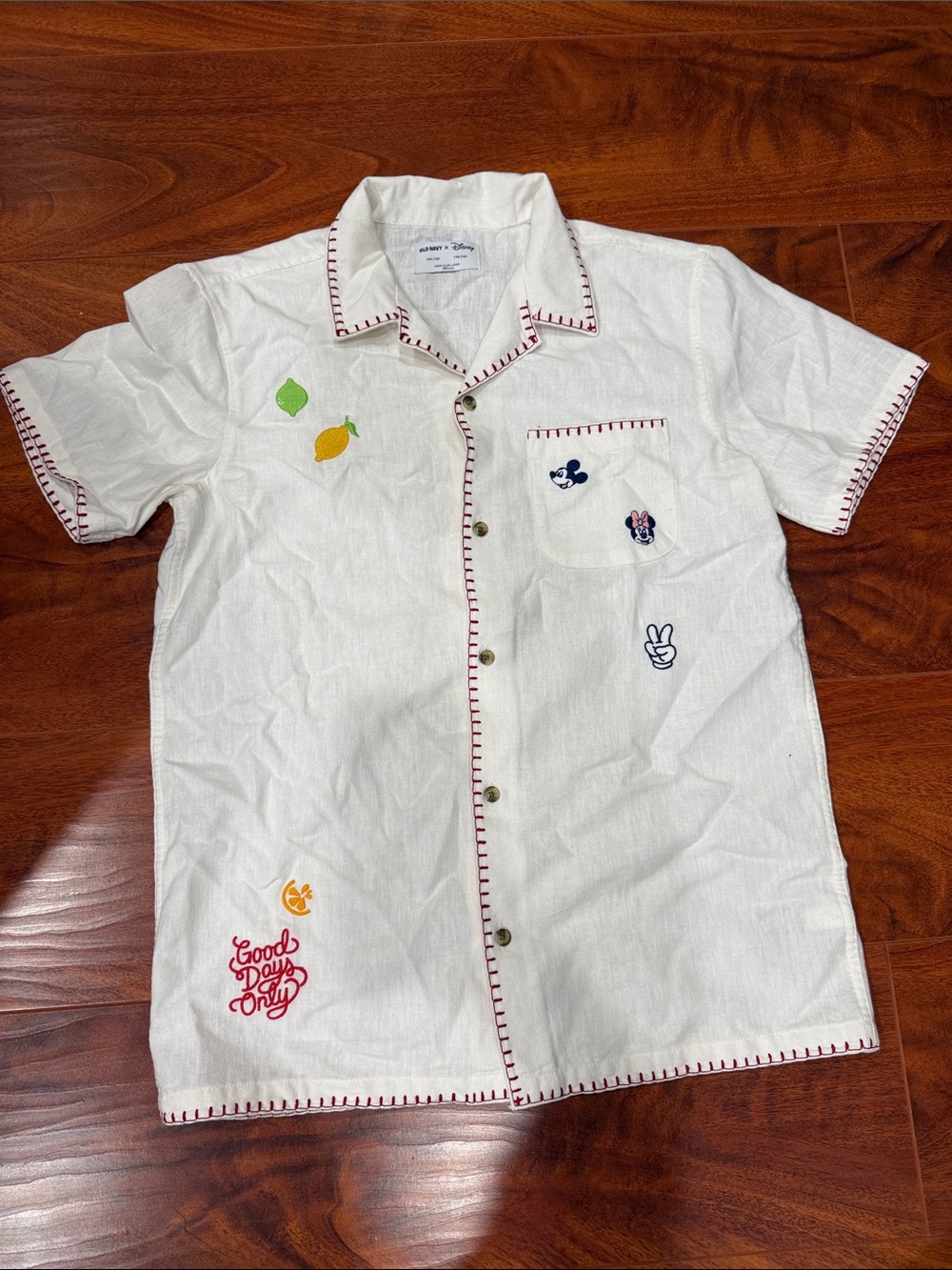 Disney White Embroidered Short-Sleeve Shirt with Red Trim